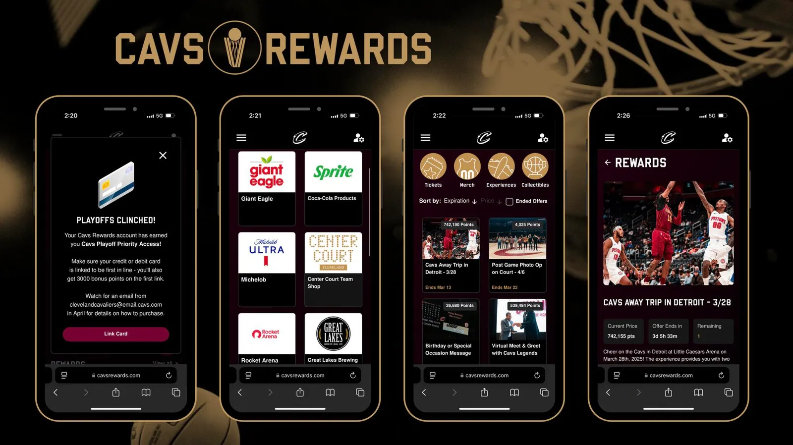 Four phone screens from Cavs Rewards showing card linking, partner brands and the rewards catalog